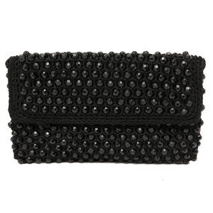 Vintage 70s Beaded Crochet Black Evening Clutch Envelope Purse Italy Japan Retro